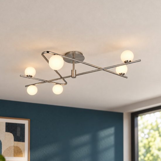 Plafoniera 6 luci per soggiorno moderna nichel opaco cromo con diffusori in vetro bianco