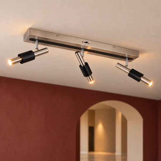 Plafoniera con 3 faretti led 13,5w cct 2300k 3000k 4000k orientabili moderna nichel opaco nera
