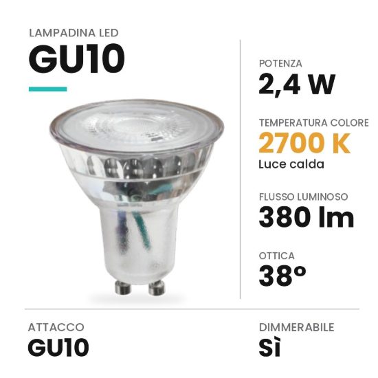 Lampadina led gu10 spot in vetro 2,4w 2700k dimmerabile trasparente