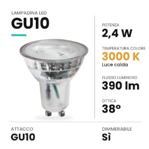Lampadina led gu10 spot in vetro 2,4w 3000k dimmerabile trasparente