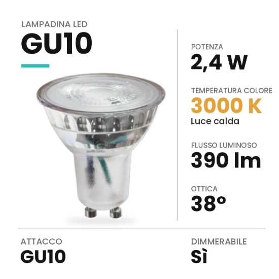 Lampadina led gu10 spot in vetro 2,4w 3000k dimmerabile trasparente