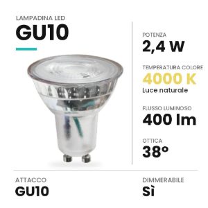 Lampadina led gu10 spot in vetro 2,4w 4000k dimmerabile trasparente