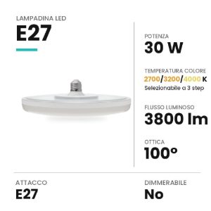 Lampadina led e27 a disco ufo 29cm 30w cct 2700k 3200k 4000k bianca