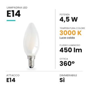 Lampadina led e14 a candela opale 4,5w 3000k dimmerabile bianca