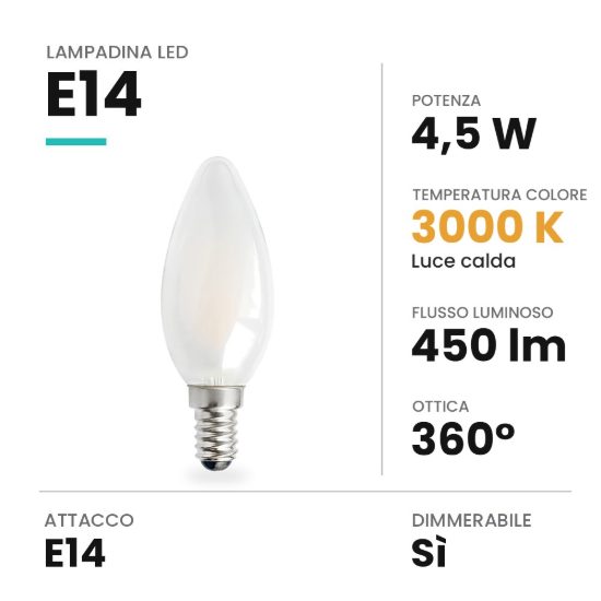 Lampadina led e14 a candela opale 4,5w 3000k dimmerabile bianca