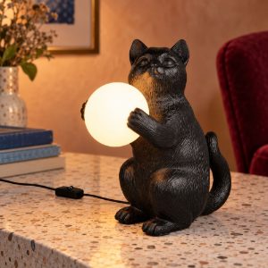 Abat-jour per comodino a forma di gattino nero con sfera in vetro bianco