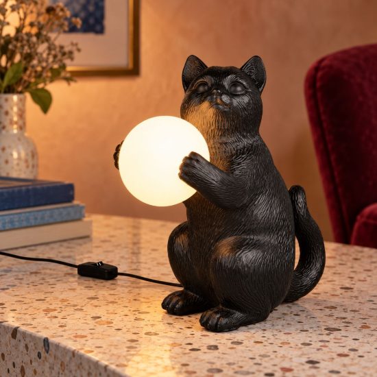 Abat-jour per comodino a forma di gattino nero con sfera in vetro bianco