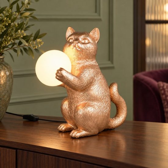 Abat-jour per comodino a forma di gattino oro con sfera in vetro bianco