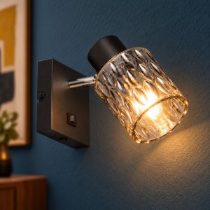 Applique per comodino camera da letto orientabile nera con vetro fume strutturato interruttore