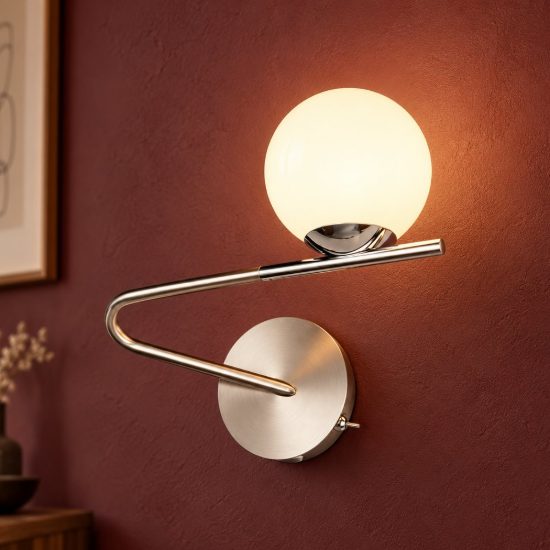 Applique per comodino camera da letto nichel opaco cromo con diffusore in vetro bianco interruttore