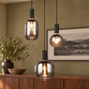 Lampadario a sospensione con 3 pendenti per sala da pranzo nero con vetri cromati assortiti