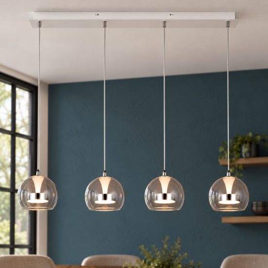 Lampadario con 4 pendenti per soggiorno led 32w cct 2300k 3000k 4000k rettangolare cromo con vetri trasparenti