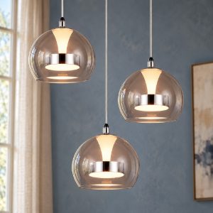Lampadario con 3 pendenti per soggiorno led 24w cct 2300k 3000k 4000k rotondo cromo con vetri trasparenti