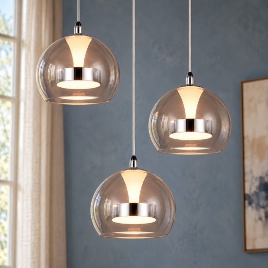 Lampadario con 3 pendenti per soggiorno led 24w cct 2300k 3000k 4000k rotondo cromo con vetri trasparenti