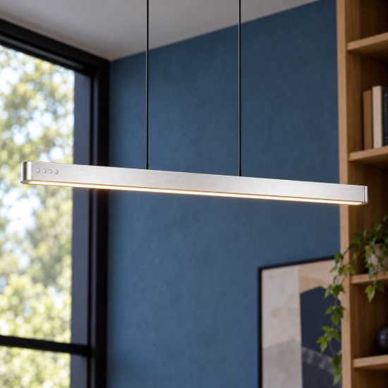 Lampadario per salotto lineare led 40w cct 2700k 6500k con telecomando bi-emissione motorizzato nichel opaco