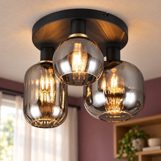Plafoniera 3 luci moderna nera con vetri cromati assortiti