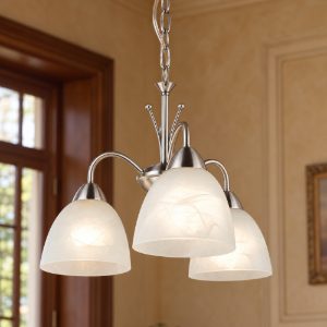 Lampadario a sospensione 3 luci per sala da pranzo moderno nichel opaco con vetro alabastro