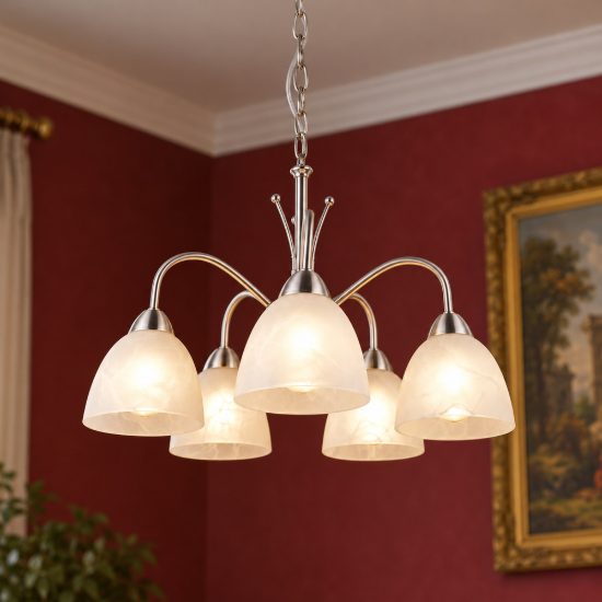 Lampadario a sospensione 5 luci per sala da pranzo moderno nichel opaco con vetro alabastro