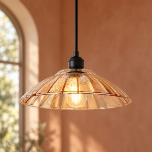 Lampadario a sospensione per sala da pranzo nero con vetro lavorato ambra