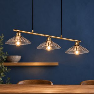 Lampadario a sospensione 3 luci per sala da pranzo ottone satinato con vetri lavorati trasparenti