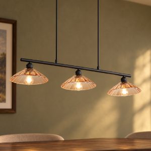 Lampadario a sospensione 3 luci per sala da pranzo nero con vetri lavorati ambra