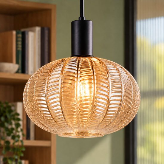 Lampadario a sospensione per cucina moderno nero con vetro lavorato ambra