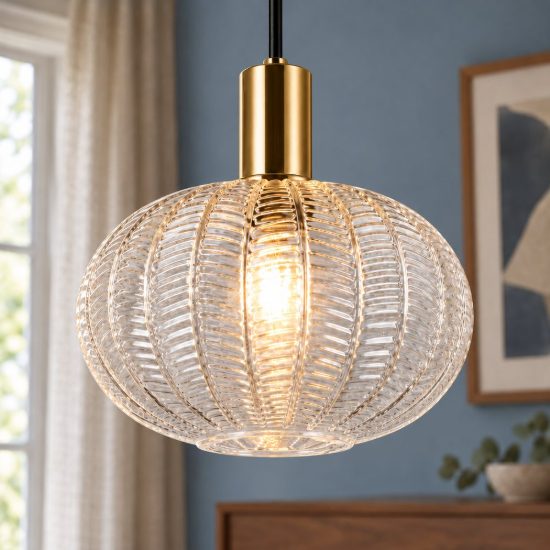 Lampadario a sospensione per cucina moderno ottone satinato con vetro lavorato trasparente