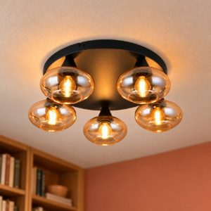 Plafoniera 5 luci per soggiorno moderna nera con vetri ambra