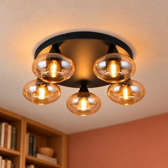 Plafoniera 5 luci per soggiorno moderna nera con vetri ambra
