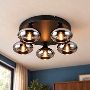 Plafoniera 5 luci per soggiorno moderna nera con vetri fume