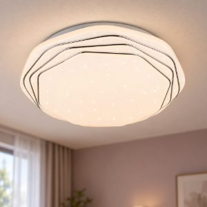 Plafoniera led 22w cct 2700k 6500k con telecomando ottagonale bianca cromo effetto cielo stellato