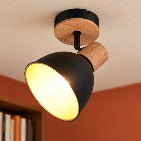 Faretto da soffitto per soggiorno orientabile moderno in metallo nero legno naturale