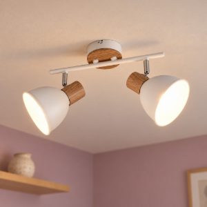 Plafoniera con 2 faretti orientabili moderna in metallo bianco legno naturale