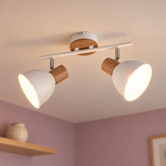Plafoniera con 2 faretti orientabili moderna in metallo bianco legno naturale