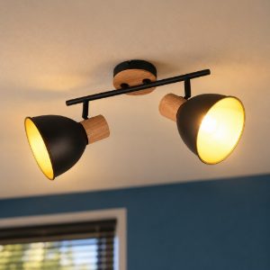 Plafoniera con 2 faretti orientabili moderna in metallo nero legno naturale