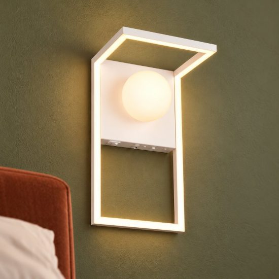 Applique per salotto led 11w cct 2300k 3000k 4000k moderna ad angolo bianca con sfera in vetro