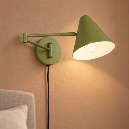 Applique per comodino camera da letto a braccio orientabile verde con paralume a cono interruttore