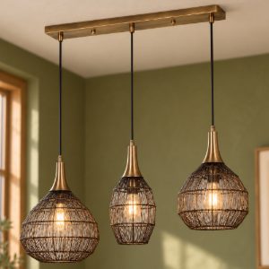 Lampadario a sospensione 3 luci per salotto nero con diffusori in rete metallica ottone invecchiato