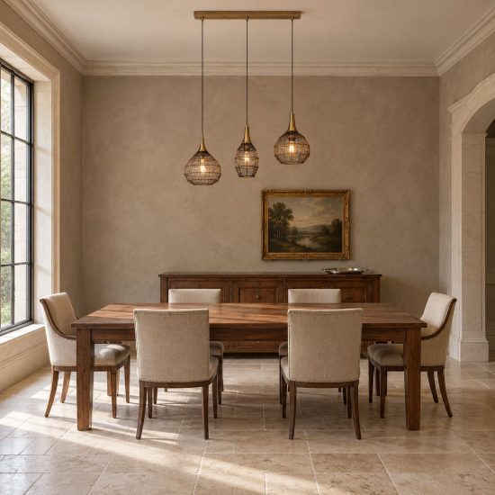 Lampadario a sospensione 3 luci per salotto nero con diffusori in rete metallica ottone invecchiato