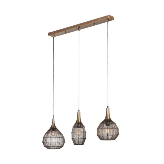 Lampadario a sospensione 3 luci per salotto nero con diffusori in rete metallica ottone invecchiato