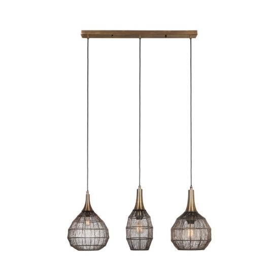 Lampadario a sospensione 3 luci per salotto nero con diffusori in rete metallica ottone invecchiato