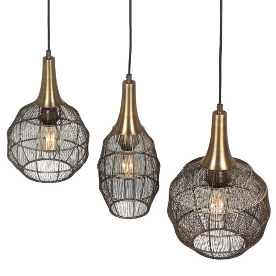 Lampadario a sospensione 3 luci per salotto nero con diffusori in rete metallica ottone invecchiato