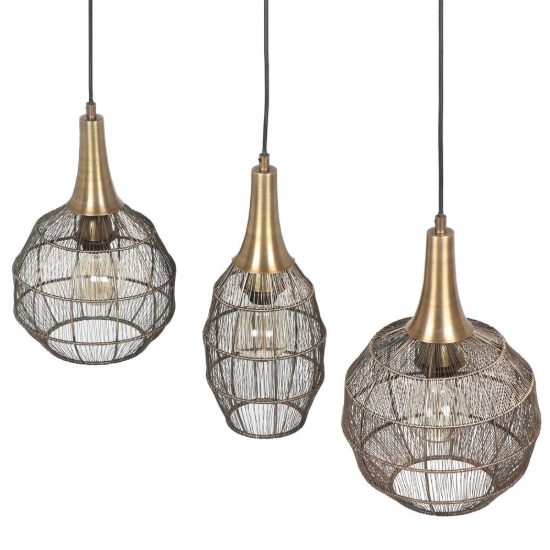 Lampadario a sospensione 3 luci per salotto nero con diffusori in rete metallica ottone invecchiato