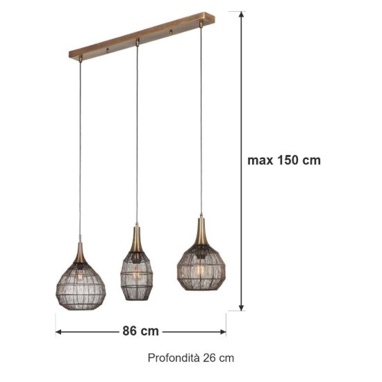 Lampadario a sospensione 3 luci per salotto nero con diffusori in rete metallica ottone invecchiato