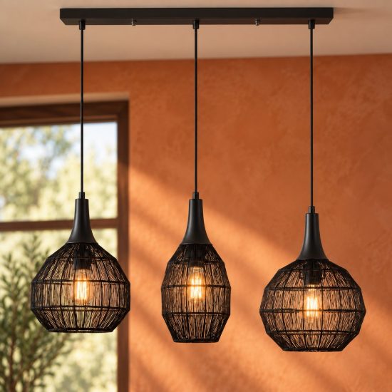 Lampadario a sospensione 3 luci per sala da pranzo nero con diffusori in rete metallica nera