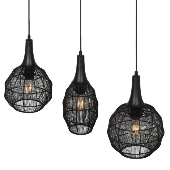 Lampadario a sospensione 3 luci per sala da pranzo nero con diffusori in rete metallica nera