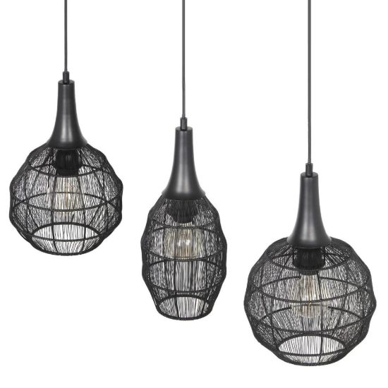 Lampadario a sospensione 3 luci per sala da pranzo nero con diffusori in rete metallica nera