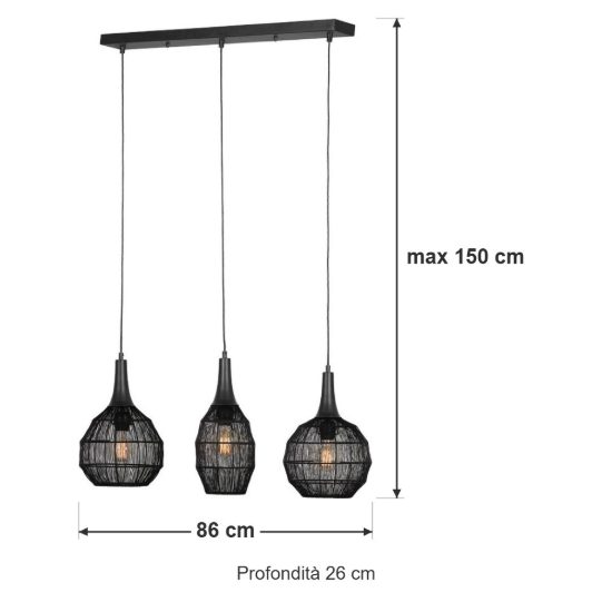 Lampadario a sospensione 3 luci per sala da pranzo nero con diffusori in rete metallica nera