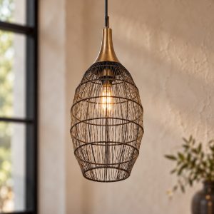 Lampadario a sospensione per salotto nero con diffusore alto in rete metallica ottone invecchiato