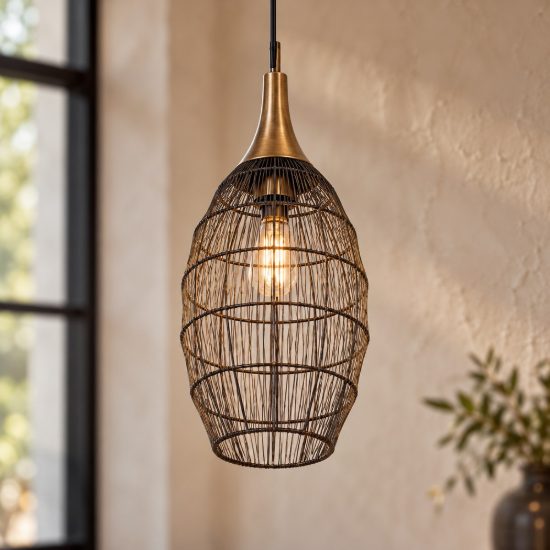 Lampadario a sospensione per salotto nero con diffusore alto in rete metallica ottone invecchiato